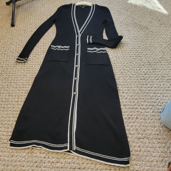 SOLD WHBM Ribbed Long Cardigan Duster Black White Trim - Picture 7 of 15